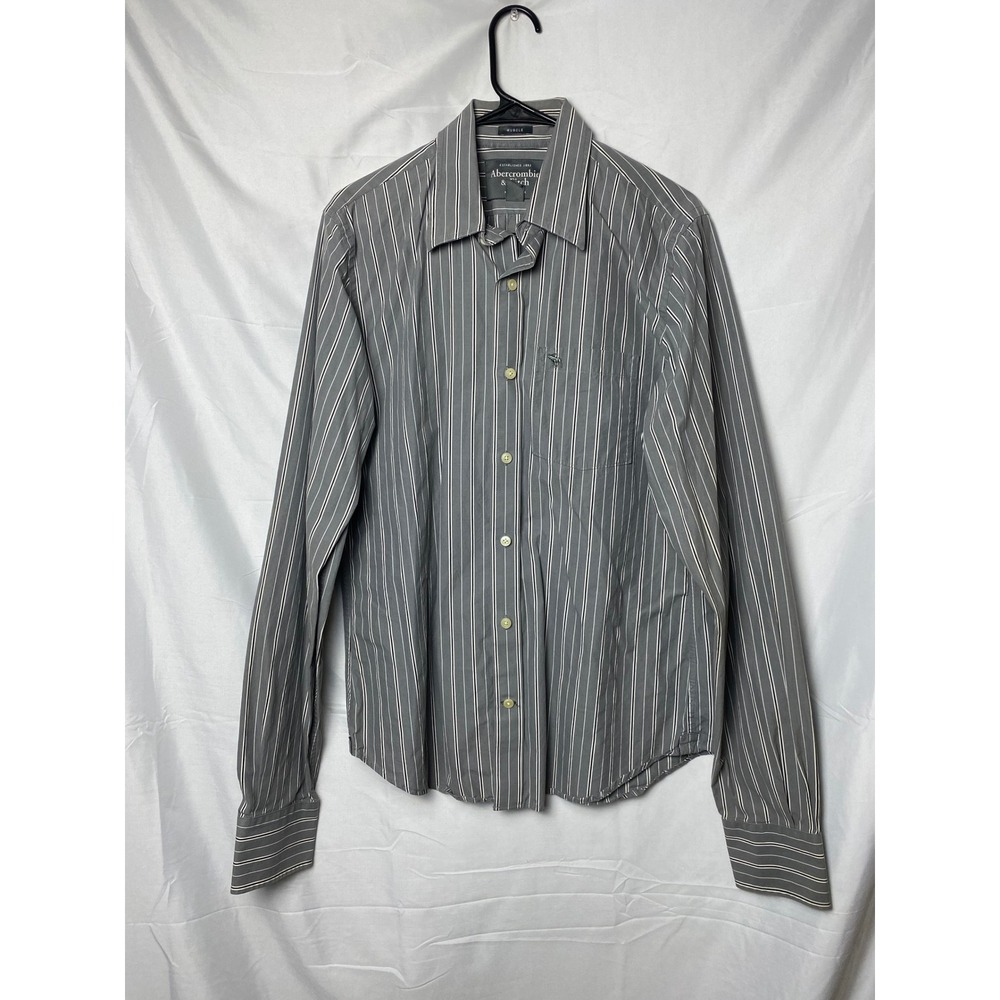 Abercrombie Fitch Mens Gray Striped Muscle Fit Button Down Shirt L Cotton